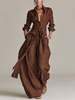FJØRNA cotton-linen women's jumpsuit with shirt collar, long sleeves, wide-leg pants, and belt in brown, full-body view