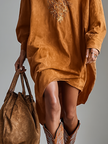 Red Suede V-Neck Midi Dress For Women