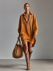 Red Suede V-Neck Midi Dress For Women