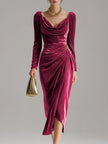 FJØRNA velvet midi evening dress with a fitted bodice and flowing skirt, ideal for formal occasions.