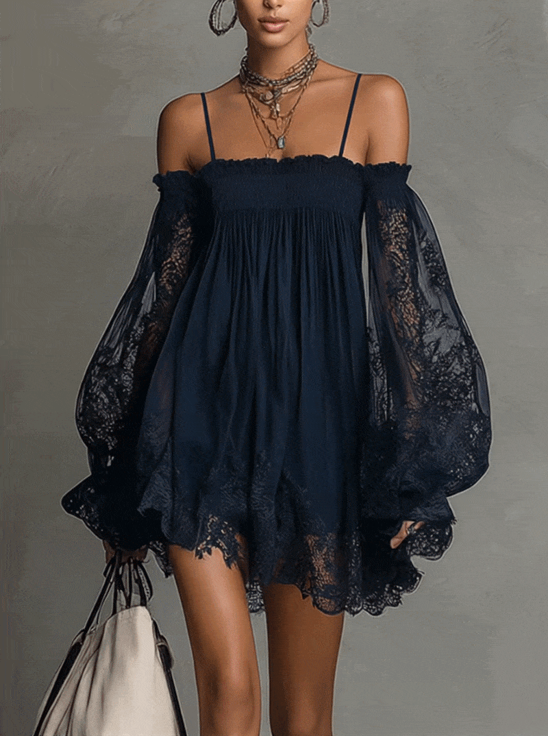 FJØRNA elegant mini dress for women with off-shoulder design and pleated detail, stylish and perfect for special occasions.
