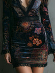 Boho Floral Print V-Neck Velvet Bodycon Women's Mini Dress