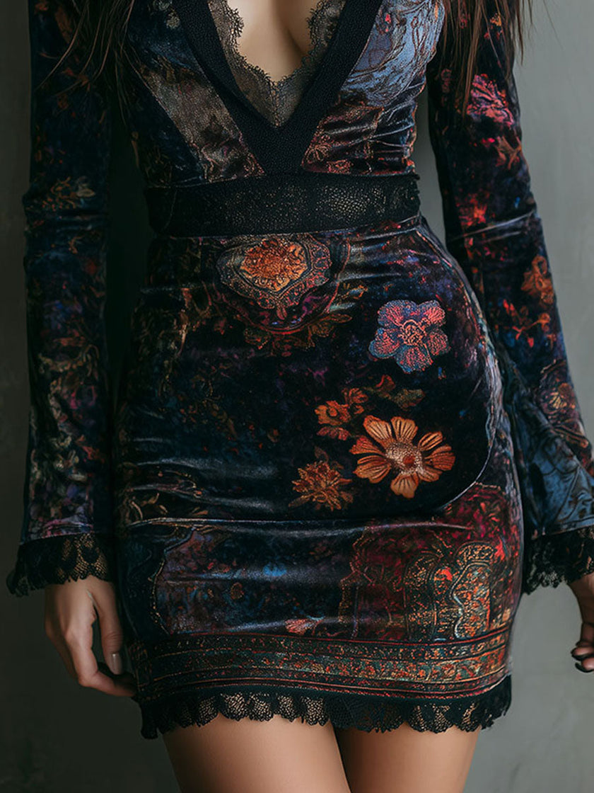 Boho Floral Print V-Neck Velvet Bodycon Women's Mini Dress
