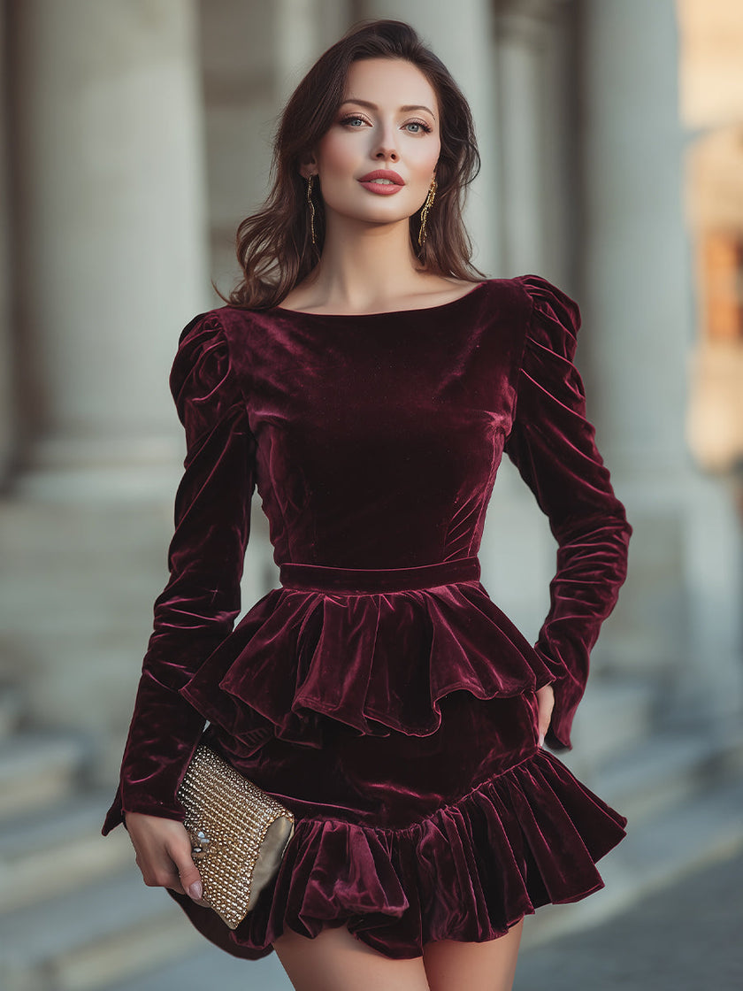FJØRNA long sleeve layered ruffle mini dress for women, featuring feminine ruffle details and a stylish, flowy silhouette.