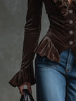 FJØRNA Cocoa Brown Velvet V-Neck Ruffled Long Sleeve Blouse with feminine ruffle details and V-neck design.
