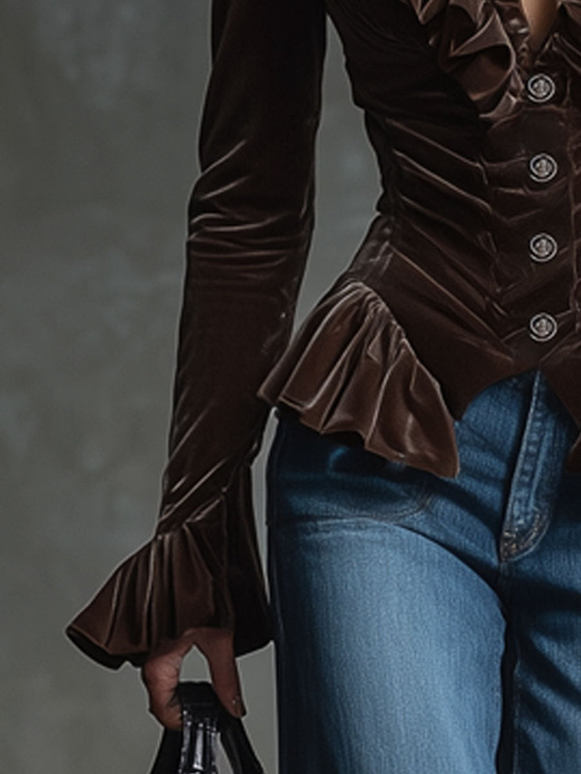 FJØRNA Cocoa Brown Velvet V-Neck Ruffled Long Sleeve Blouse with feminine ruffle details and V-neck design.