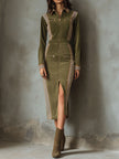 Olive green FJØRNA zip-up midi dress with contrast stripe panels and long sleeves, stylish and comfortable for casual wear.