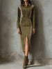 Olive green FJØRNA zip-up midi dress with contrast stripe panels and long sleeves, stylish and comfortable for casual wear.