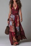 FJØRNA printed sleeveless V-neck casual maxi dress with fitted waist, perfect for summer wear.