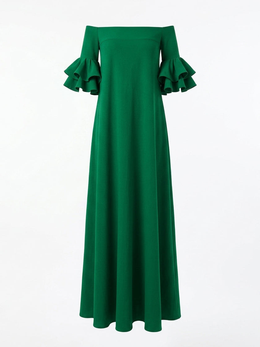 White FJØRNA maxi dress with half sleeves, loose fit, off-the-shoulder design, solid color, elegant and flowy for summer wear.