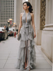 FJØRNA halter neck draped ruffle maxi dress with flowing fabric and elegant design, perfect for summer or special occasions.