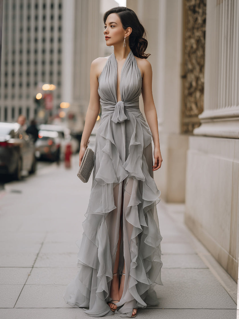 FJØRNA halter neck draped ruffle maxi dress with flowing fabric and elegant design, perfect for summer or special occasions.