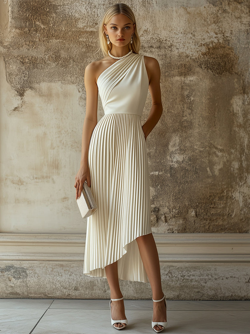 White pleated midi dress by FJØRNA featuring elegant evening dress design and flowing fabric, ideal for formal occasions.