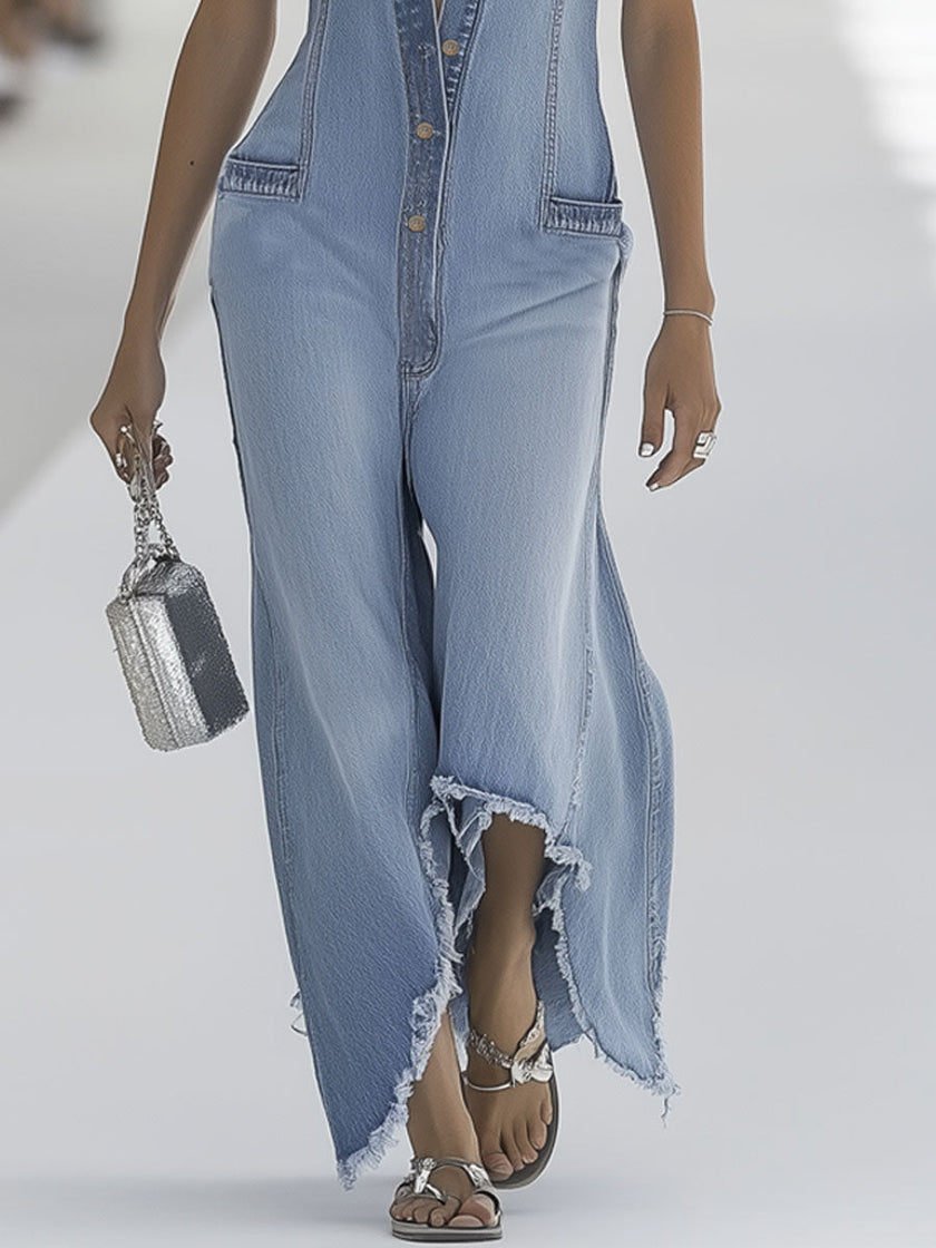 Light blue denim sleeveless jumpsuit with raw edges and wide-leg design by FJØRNA, displayed on a hanger.