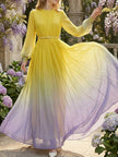 FJØRNA high waisted maxi dress with long sleeves, belt, contrast color gradient, pleated design, and split-joint round neck.