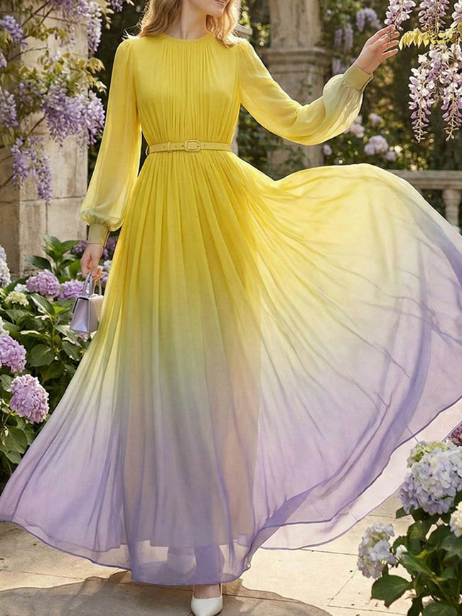 FJØRNA high waisted maxi dress with long sleeves, belt, contrast color gradient, pleated skirt, split joint, round neck.
