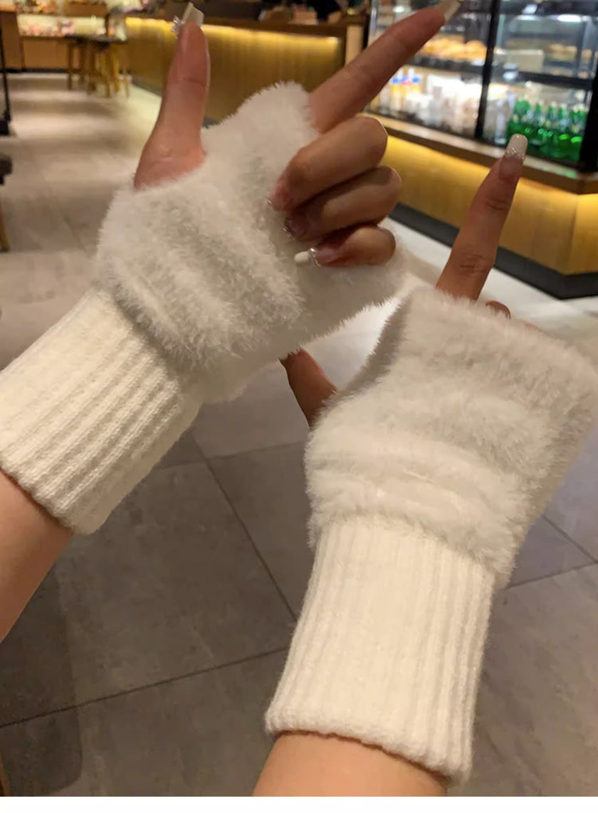 Plush Black Fingerless Gloves