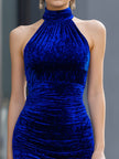 Royal blue velvet halter bodycon mini dress by FJØRNA, featuring a fitted silhouette and elegant halter neckline.