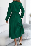 FJØRNA solid color long-sleeved fitted waist pleated midi dress, elegant and versatile for stylish occasions