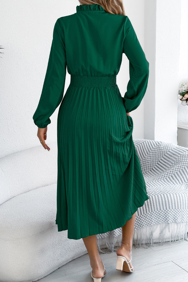 FJØRNA solid color long-sleeved fitted waist pleated midi dress, elegant and versatile for stylish occasions