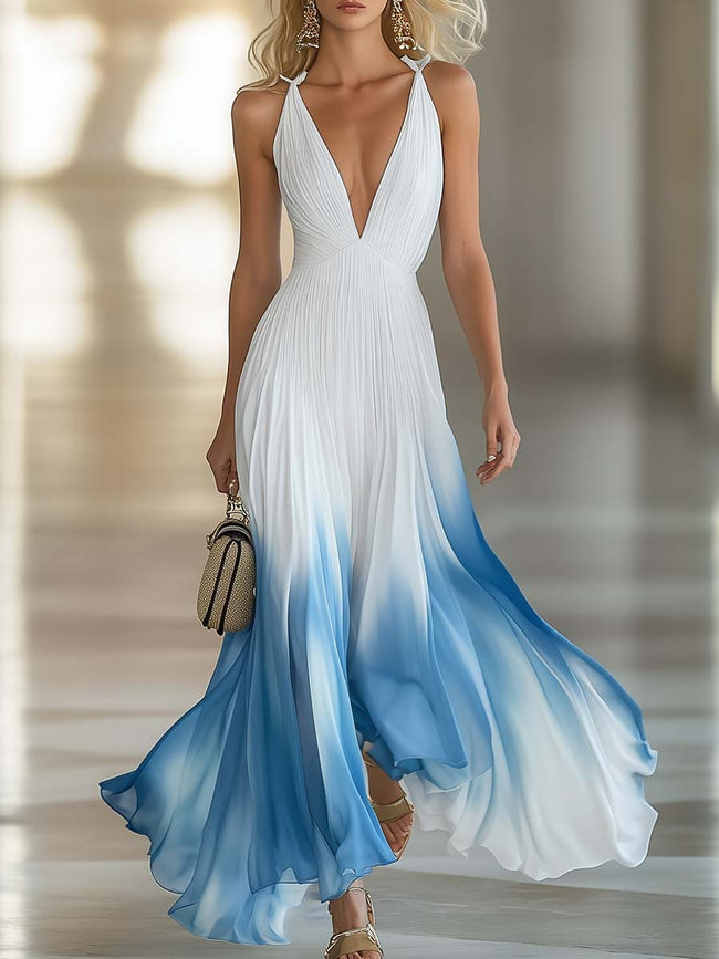 White chiffon V-neck maxi dress by FJØRNA, flowing evening dress with elegant fabric and a flattering V-neck design.