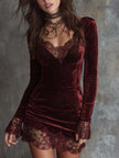 FJØRNA sparkling velvet mini dress with lace trim in spiced wine red, featuring a fitted silhouette and elegant design.