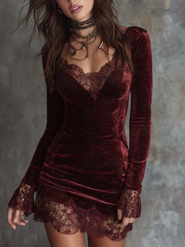 FJØRNA sparkling velvet mini dress with lace trim in spiced wine red, featuring a fitted silhouette and elegant design.