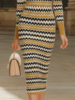 FJØRNA retro chevron print polo collar knit midi dress displayed on a model, showcasing its stylish pattern and classic design.