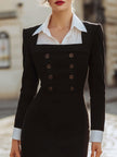 FJØRNA elegant faux-layered double-breasted slim midi dress for women, featuring a fitted silhouette and stylish design.