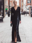 Black FJØRNA sequin-panel wrap evening gown, full-length black maxi dress with elegant design and shimmering sequin details.