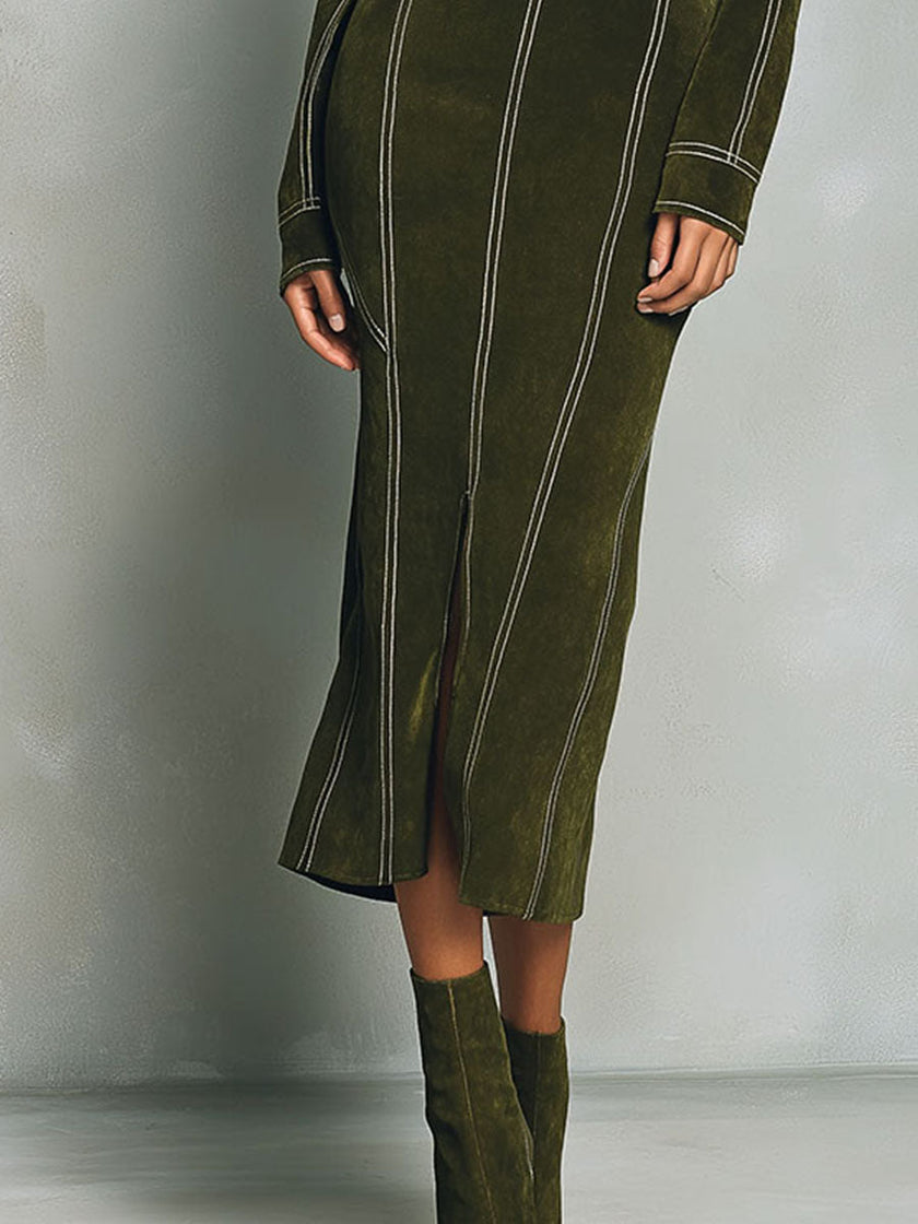 Olive green FJØRNA high neck zip-up midi dress with contrast stitching, showcasing the fitted silhouette and stylish design.