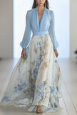 FJØRNA plant print V-neck long sleeve maxi dress with elegant stitching, flowing and stylish for a sophisticated look.