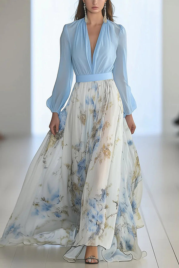 FJØRNA plant print V-neck long sleeve maxi dress with elegant stitching, flowing and stylish for a sophisticated look.
