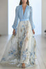 FJØRNA plant print V-neck long sleeve maxi dress with elegant stitching, flowing and stylish for a sophisticated look.