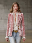 Pink velvet blazer for women by FJØRNA featuring gold buttons, tailored fit, and stylish design in a close-up shot.