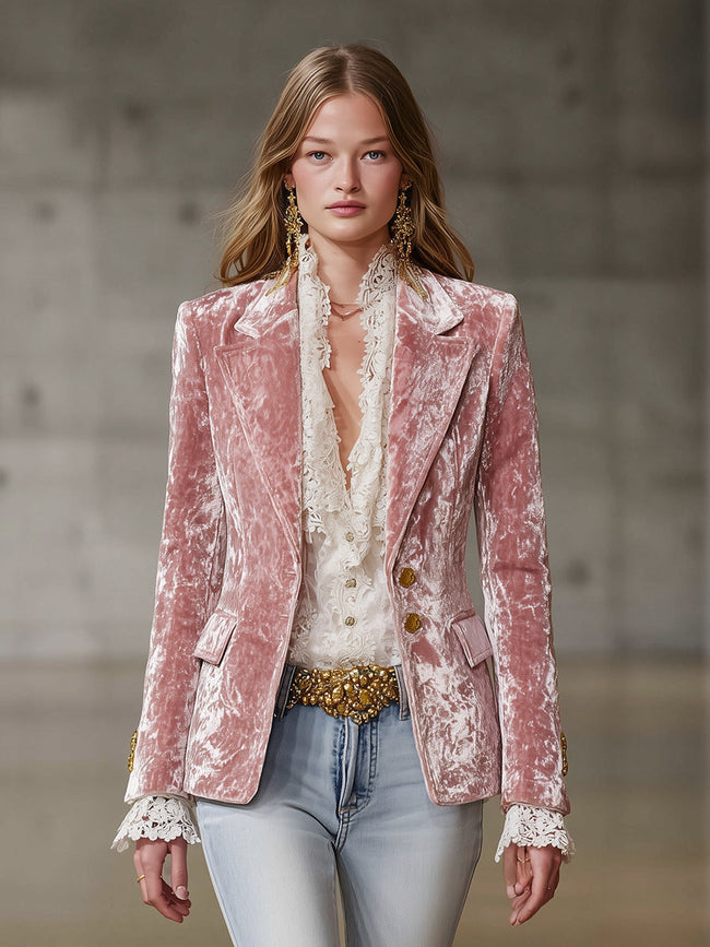 Pink velvet blazer for women by FJØRNA featuring gold buttons, tailored fit, and stylish design in a close-up shot.