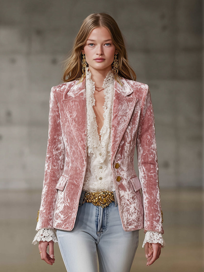 Pink velvet blazer for women by FJØRNA featuring gold buttons, tailored fit, and stylish design in a close-up shot.