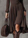 FJØRNA retro high-neck long-sleeved ribbed knitted midi dress displayed on a hanger.