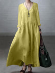 FJØRNA loose V-neck cotton and linen dress, casual wedding dress with relaxed fit and breathable fabric, shown on a model.