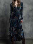 Quiet-boho Azure Mirage velvet wrap maxi dress by FJØRNA, shown with flowing fabric and bohemian style details.