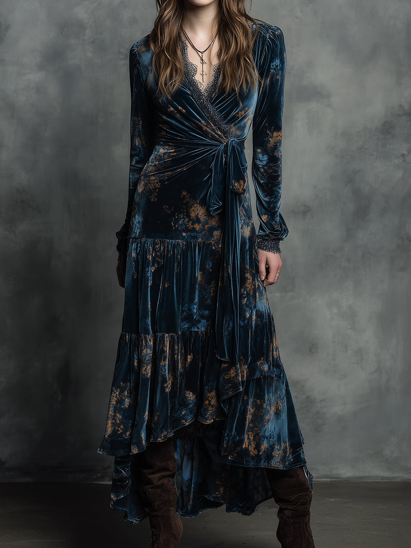 Quiet-boho Azure Mirage velvet wrap maxi dress by FJØRNA, shown with flowing fabric and bohemian style details.