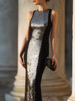 FJØRNA sculpted panel evening gown with sleeveless silhouette, elegant maxi dress with long sleeves, formal wear for special occasions.
