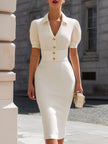 White FJØRNA tailored cream ribbed collared midi dress, stylish women's dress with a fitted silhouette and classic collar detail.