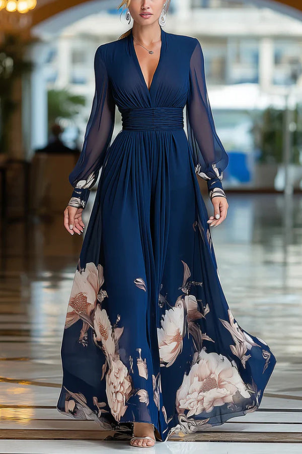 FJØRNA floral print patchwork mesh long-sleeved V-neck fitted waist maxi dress, stylish and elegant for special occasions.