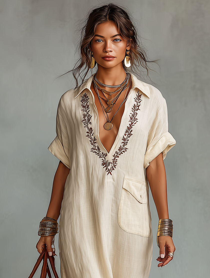 Red Linen Embroidered Maxi Dress For Women