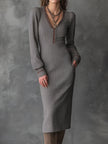 Elegant Bohemian Ash Taupe Sculpted Herringbone Knit Midi Dress by FJØRNA, featuring a fitted silhouette and intricate herringbone pattern.