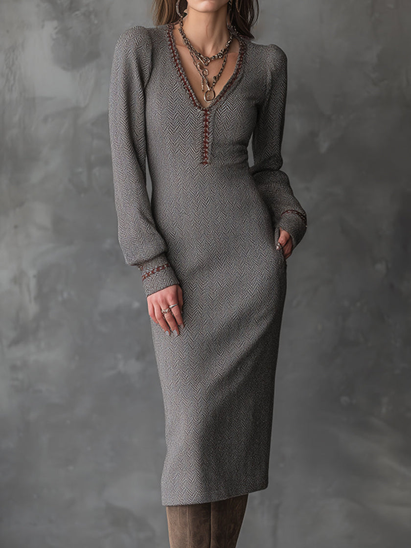 Elegant Bohemian Ash Taupe Sculpted Herringbone Knit Midi Dress by FJØRNA, featuring a fitted silhouette and intricate herringbone pattern.