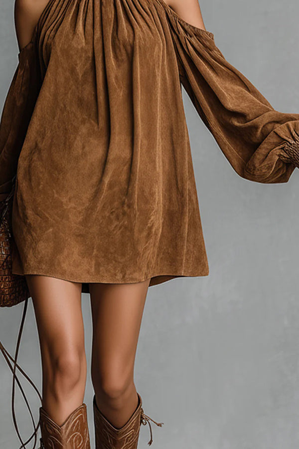 White FJØRNA off-shoulder lantern-sleeve suede mini dress with a loose fit, stylish and perfect for casual or semi-formal wear.