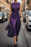 FJØRNA solid color sleeveless casual midi dress with round neckline, displayed on a hanger showing its simple, stylish design.