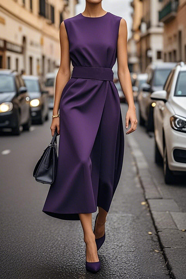 FJØRNA solid color sleeveless casual midi dress with round neckline, displayed on a hanger showing its simple, stylish design.